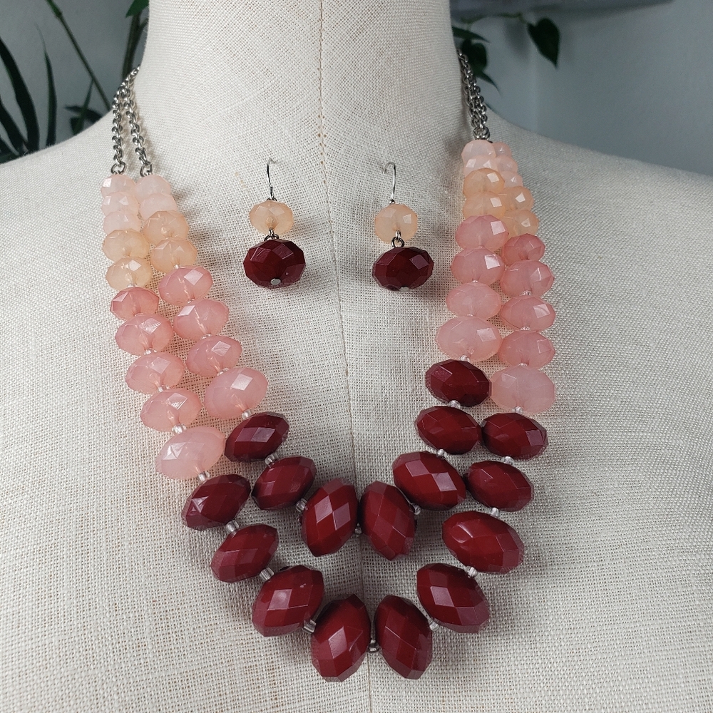 Pink & Wine Ombre Beaded Necklace and Earring Set - Elegant Glamorous Feminine